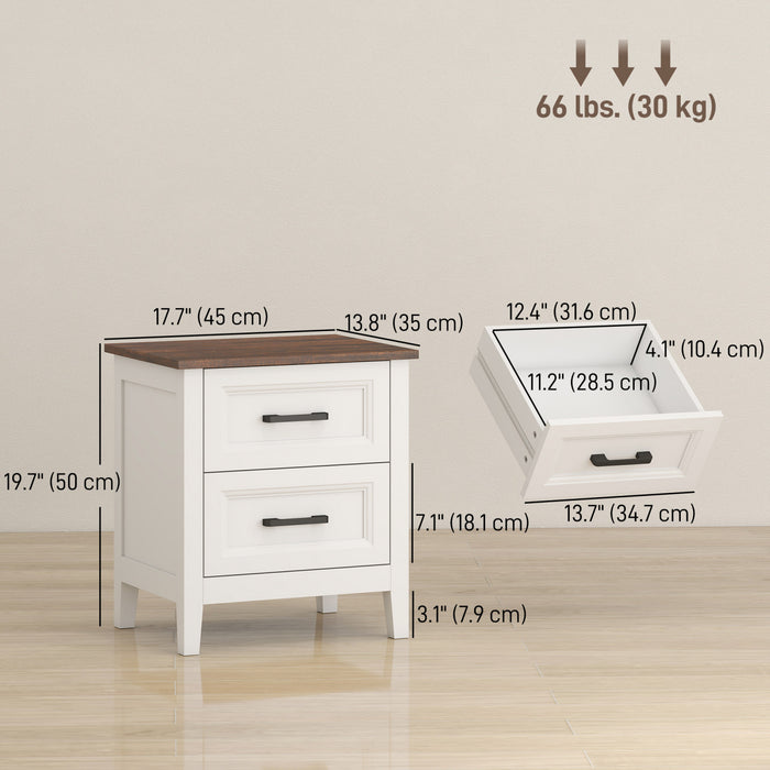 HOMCOM Farmhouse Nightstand Set of 2, Bedside Tables with 2 Drawers, White