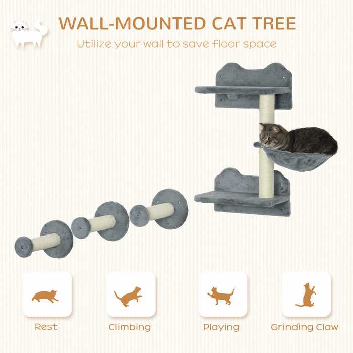 Pawhut 4pcs Cat Wall Shelf With Scratching Posts, Hammock, Setps, Platforms, Cat Shelves For Relaxing, Sleeping, Jumping, Cat Wall Climber For Indoor Cats, Grey