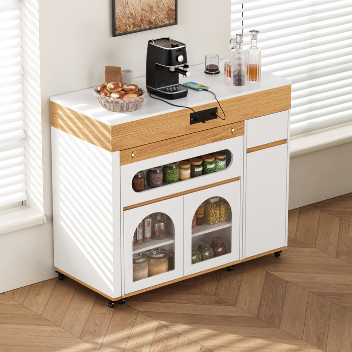 Avery Extendable Dining Table with Rolling Kitchen Island,White