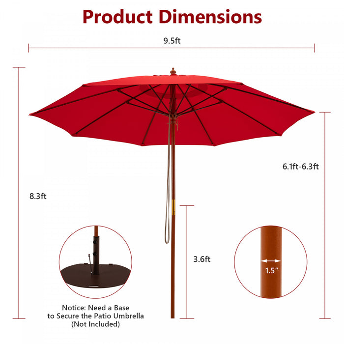 Costway 9.5 FT Patio Rope Pulley Wooden Umbrella Market w/Fiberglass Ribs Outdoor Red