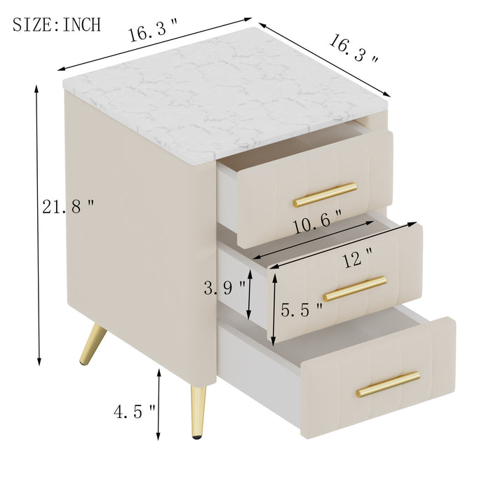 Dylan Upholstered Wooden Nightstand with 3 Drawers and Metal Legs,Beige