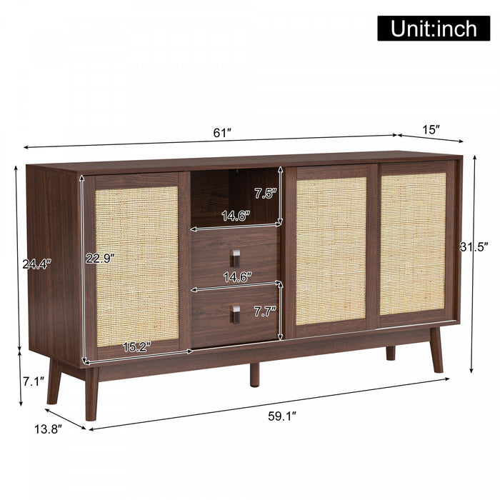 Oliver 61\" Sideboard Cabinet with Rattan Sliding Doors and Drawers,Dark Brown Accent Cabinet