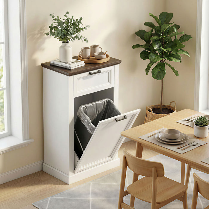 HOMCOM Tilt Out Trash Cabinet 10 Gal Trash Can Cabinet with Drawer White