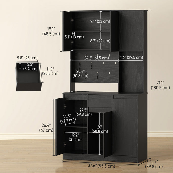 HOMCOM 71\" Pantry Cabinet, Storage Cabinet with Charging Station, Black