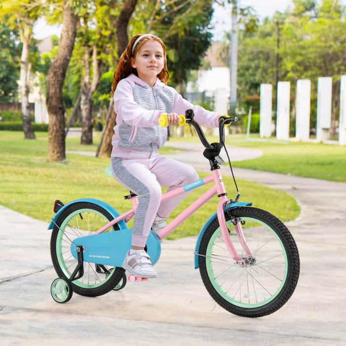 Costway 18\" Kids Bike With Adjustable Saddle Handlebar Removable Training Wheels Handbrake Pink