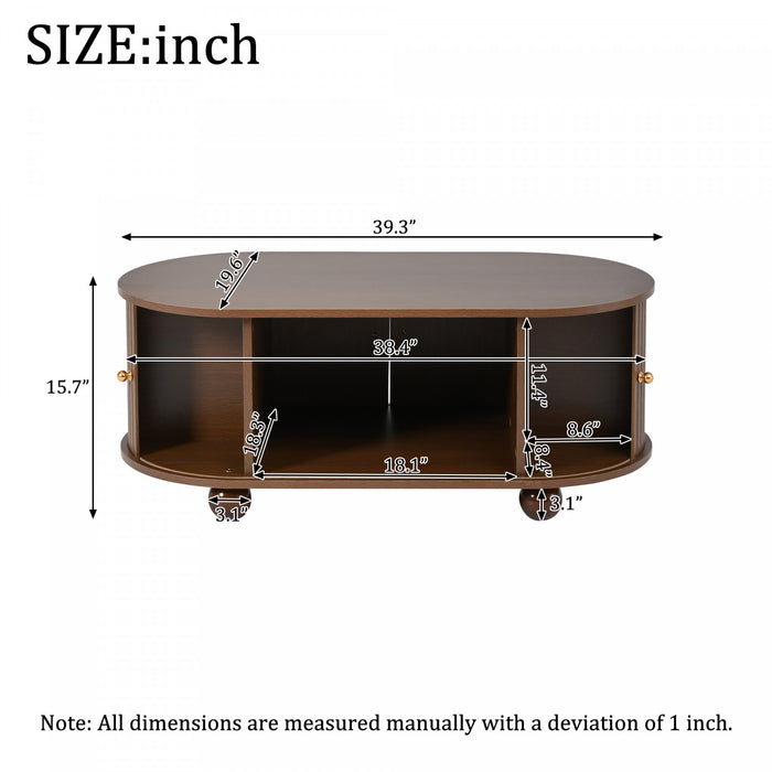 Ethan Oval Coffee Table with Sliding Doors and Hidden Storage,Dark Wood