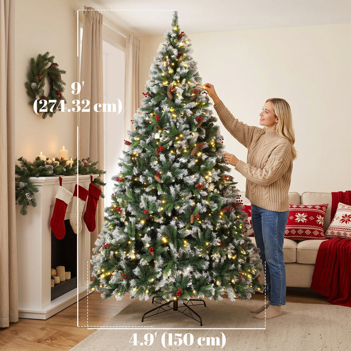 HOMCOM 9ft Flocked Prelit Christmas Tree Spruce, Dual Colour LEDs, Remote