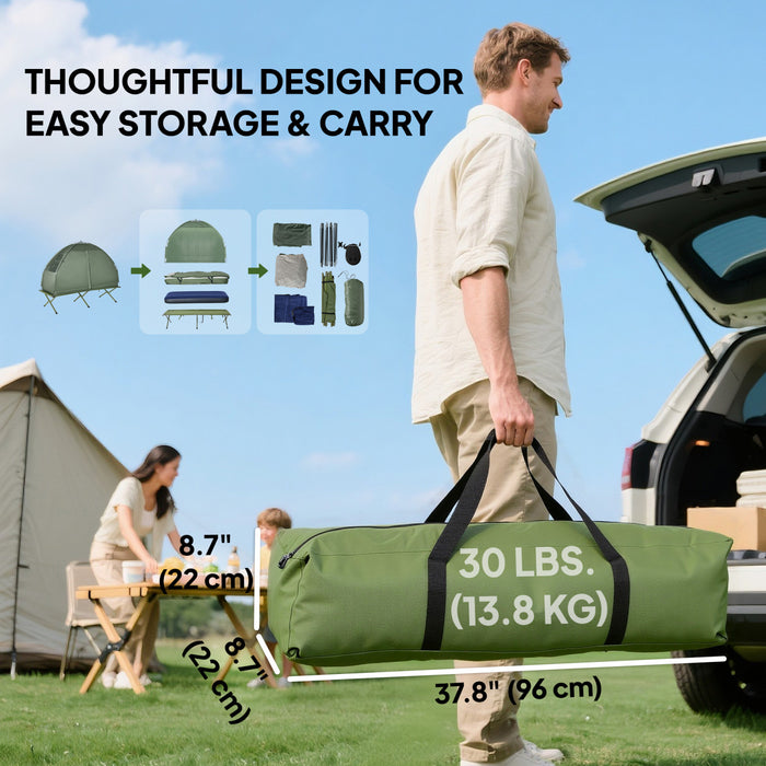Outsunny 4-in-1 Camping Cot Tent, 1-Person Off-Ground Bed with Air Mattress, Sleeping Bag & Pillow