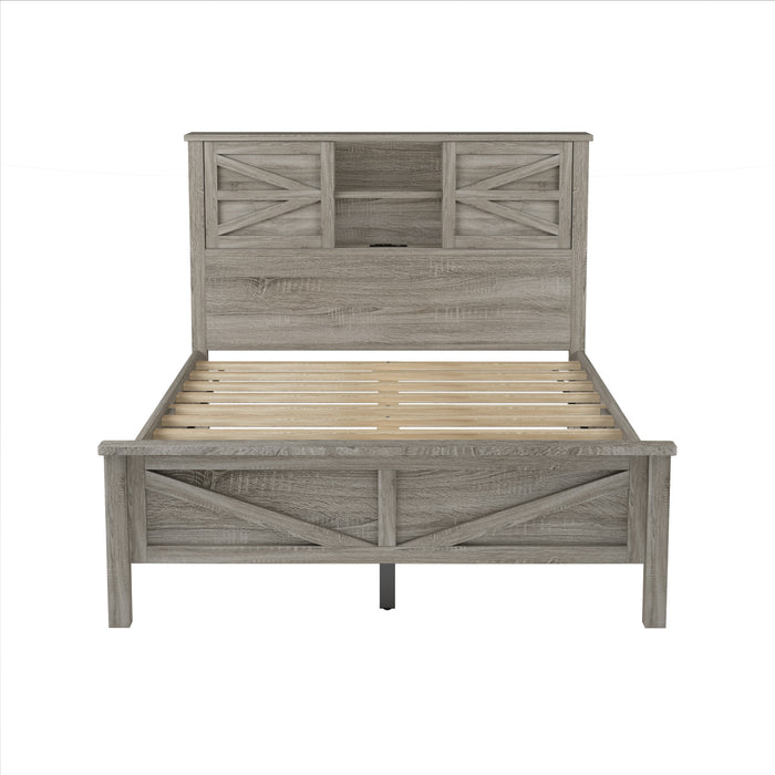 Madison Bedroom Set Farmhouse Platform Bed with Storage and Charging Station,Full Size，Grey Full Bed