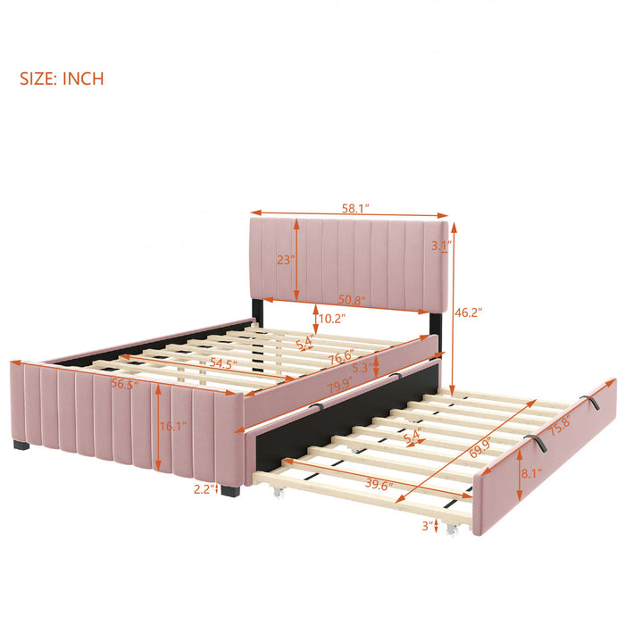 Ethan Space-Saving Velvet Upholstered Platform Bed with Trundle,Full Size,Pink Full Bed