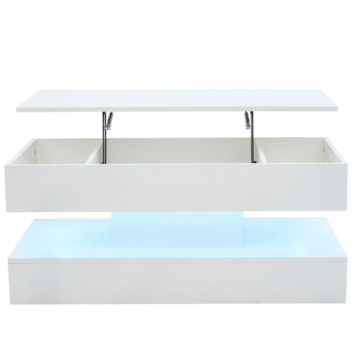 Flexi 39.9 Inch Hydraulic Lift-Top Coffee Table with LED Lighting and Hidden Storage, White
