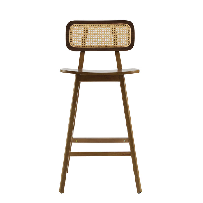 Bari Rubber Wood Counter Stool Set of 2 with Rattan Back and Footrest,Walnut