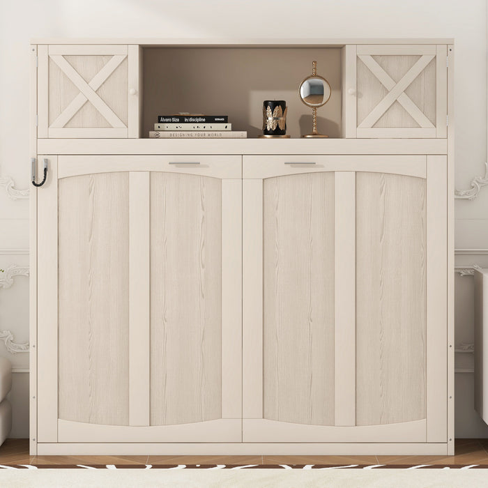Ethan Solid Wood Murphy Bed with Storage Cabinets,Queen Size,Beige Queen Bed