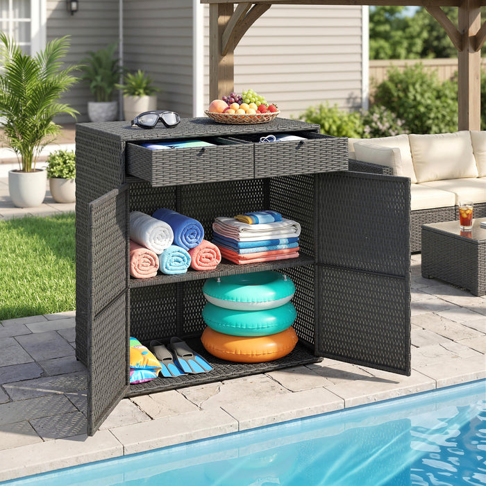 Outsunny Wicker Outdoor Storage Cabinet with 2 Drawers, Shelves, Dark Grey