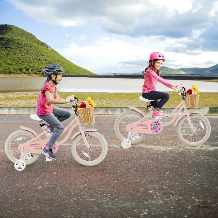 Costway 16\" Kid's Bike With Training Wheels Adjustable Handlebar Seat Handbrake Pink