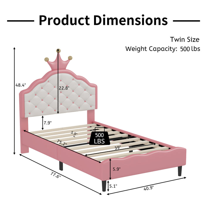 Lily Lovely Crown Fantasy Princess Bed with Tufted PU Leather Headboard,Twin Size Twin Bed