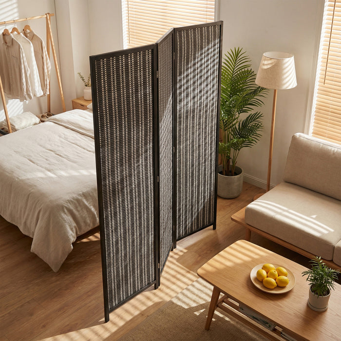 HOMCOM 3 Panel Room Divider with Handwoven Bamboo, Folding Privacy Screen