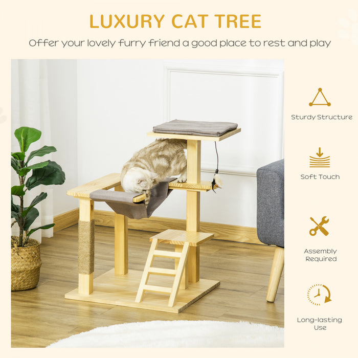 Pawhut 25.5\" Cat Tree Kitty Tower Activity Center Pinewood Cat Climbing Toy Indoor Outdoor Pet Furniture With Jute Scratching Post Bed Perch Hanging Toy Ladder Cushion Natural