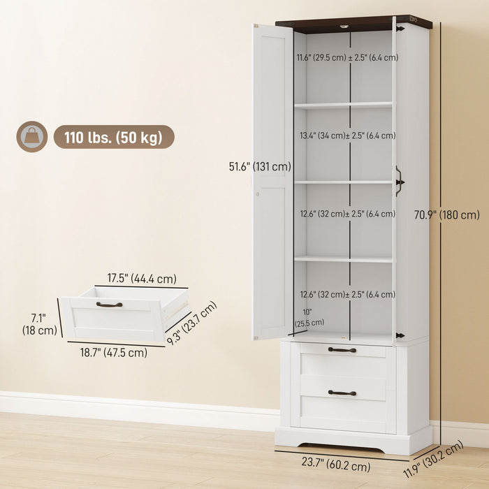 HOMCOM 71\" Kitchen Pantry Cabinet, Farmhouse Kitchen Storage Cabinet, White