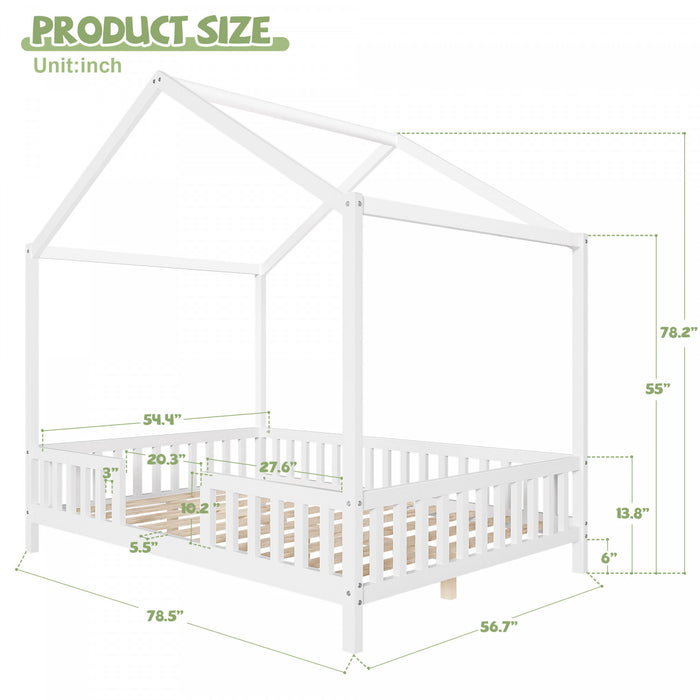 Paul Montessori Floor Bed with Canopy and High Railings,Full Size,White Full Bed