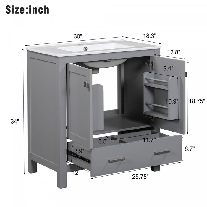 Harper 30 Inch Bathroom Vanity with Ceramic Sink and Smart Storage Cabinet, Grey
