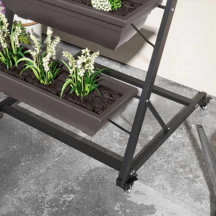 Outsunny 5-tier Vertical Raised Garden Bed With 5 Planter Boxes, Wheels, Outdoor Plant Stand Grow Container With Leaking Holes For Balcony Patio Outdoor, Brown
