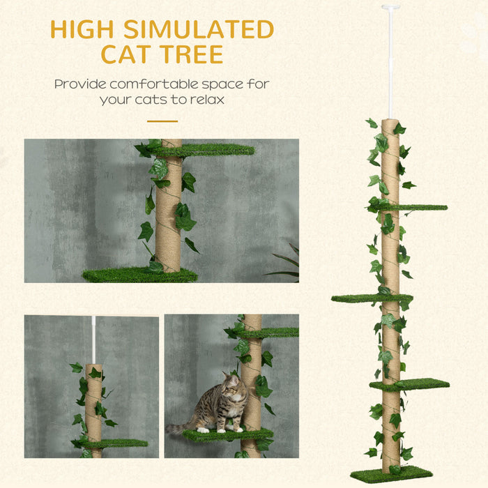 Pawhut 4-tier Floor To Ceiling Cat Tree, Height(80-95inches)adjustable, Tall Cat Tower W/ Anti-slip Kit, Leaves, Multi-layer Activity Centre W/ Scratching Post