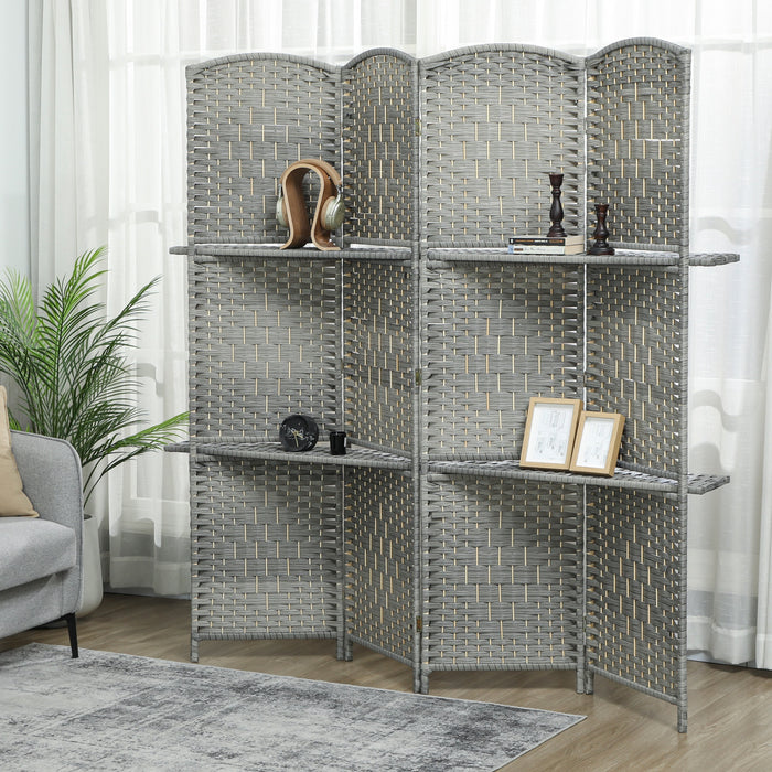 HOMCOM Folding Privacy Screen with Shelves, 4 Panel Room Divider, Grey