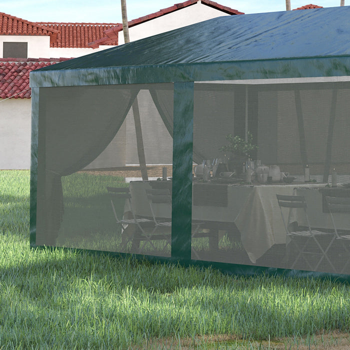 Outsunny 10' X 28' Party Tent Outdoor Canopy Garden Sun Shade With 8 Mosquito Mesh Netting And Zipper Door, Green