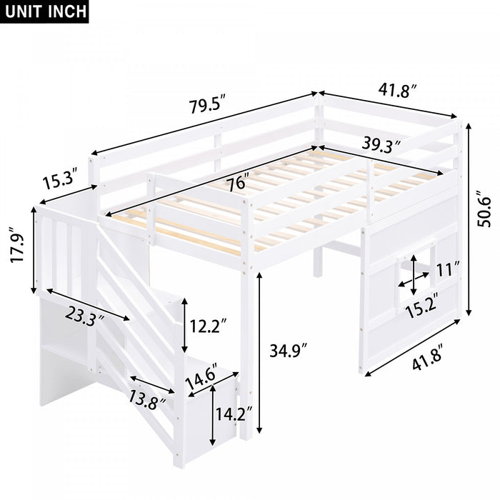 Martin Twin Solid Wood Loft Bed With Storage Stairs, Play Window, Led Light, White