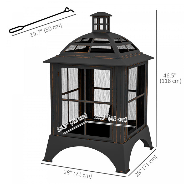 Outsunny 28\" Fire Pit With Poker, Chimney Style Wood Burning Firepit, Black