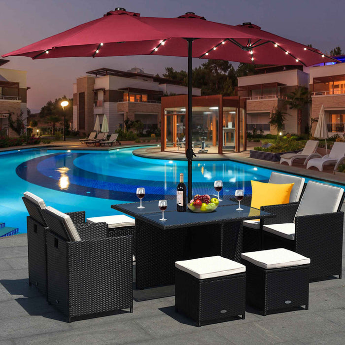 Costway 15Ft Patio Double-Sided Solar LED Market Umbrella Crank Burgundy