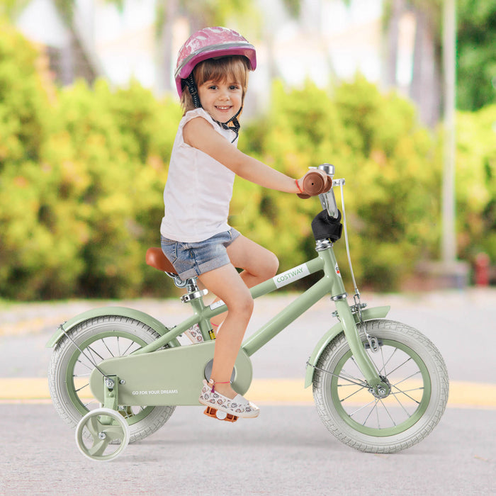 Costway 12\" Kids Bike With Adjustable Saddle Handlebar Removable Training Wheels Handbrake Green