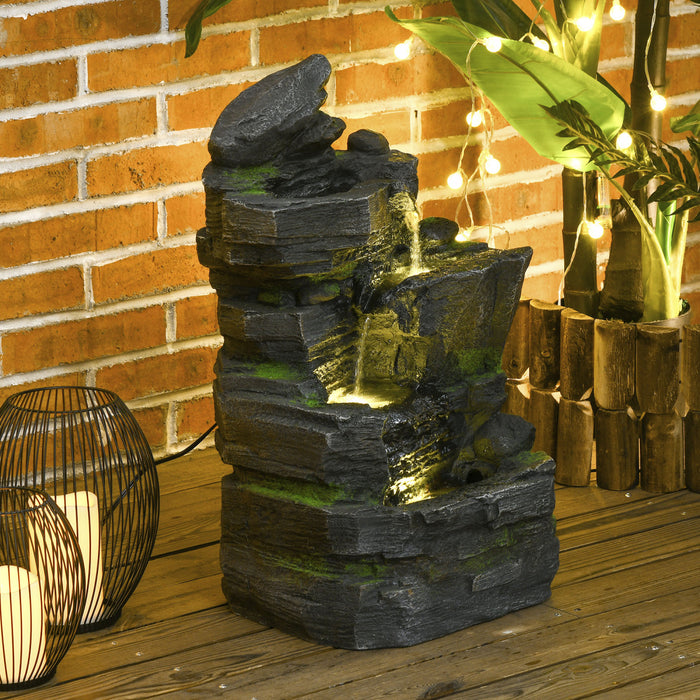 Outsunny 4-tier Rock Outdoor Fountain, Led Lights, Resin Waterfall Fountain