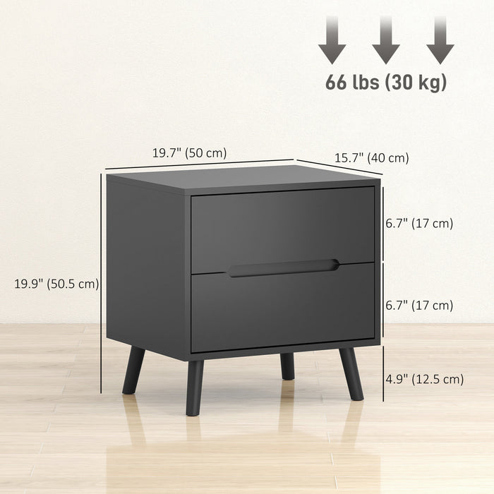 HOMCOM Nightstands Set of 2, Bedside Table w/ 2 Drawers and Wood Legs Black