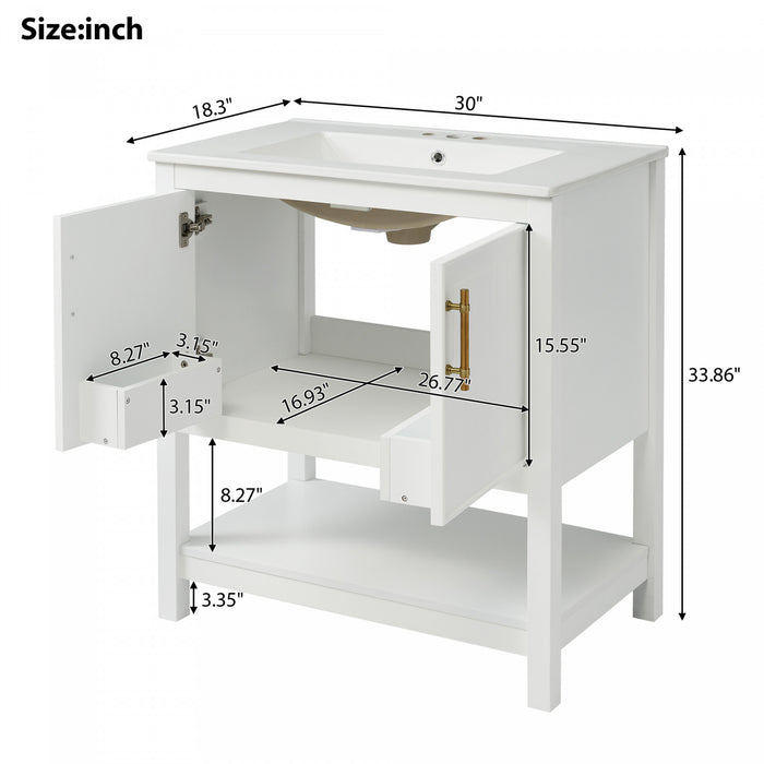 Simona 30\" Solid Wood Bathroom Vanity With Ceramic Sink And Storage - White