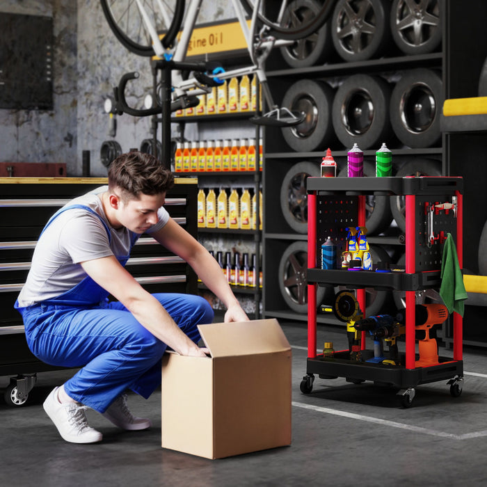 Homcom 3-tier Rolling Tool Cart With Wheels, Plastic Utility Cart, Black