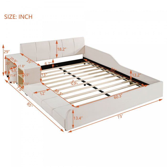 Lily Velvet Upholstered Grounded Bed with Desk and Stool,Queen Size,Beige Queen Bed