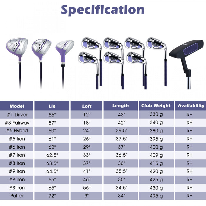 Ultimate Women's Complete Golf Club Set Golf Club Package Set W/ Rain Hood, Right Hand Purple