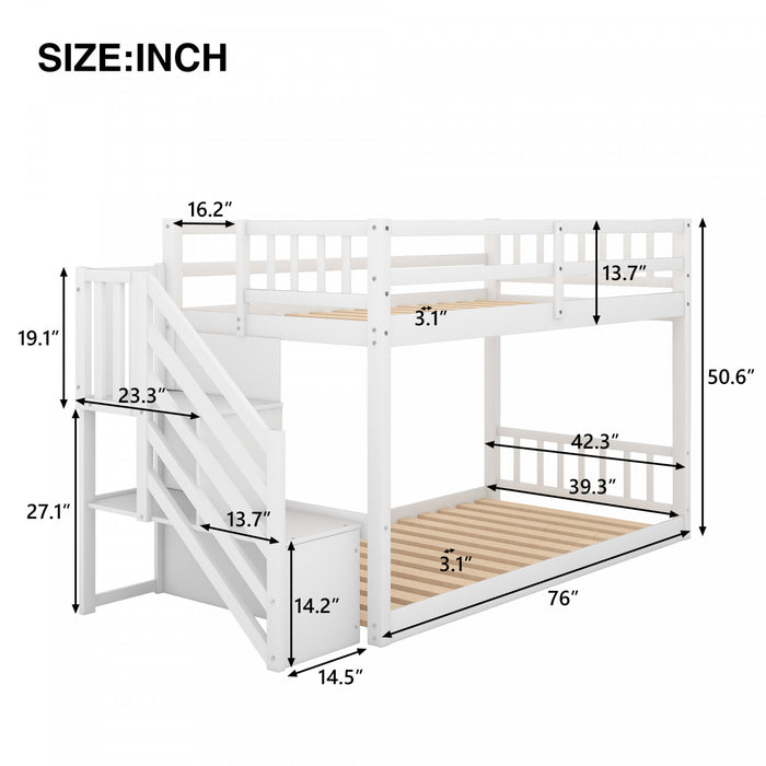 Joanna Twin Floor Solid Wood Bunk Bed With Storage Ladder, Low Height Design, White