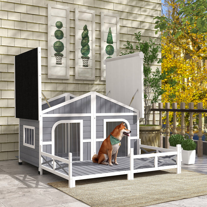 Pawhut 59\"x64\"x39\" Wood Dog House Outdoor Cabin Style Elevated Pet Shelter W/porch Deck, Grey