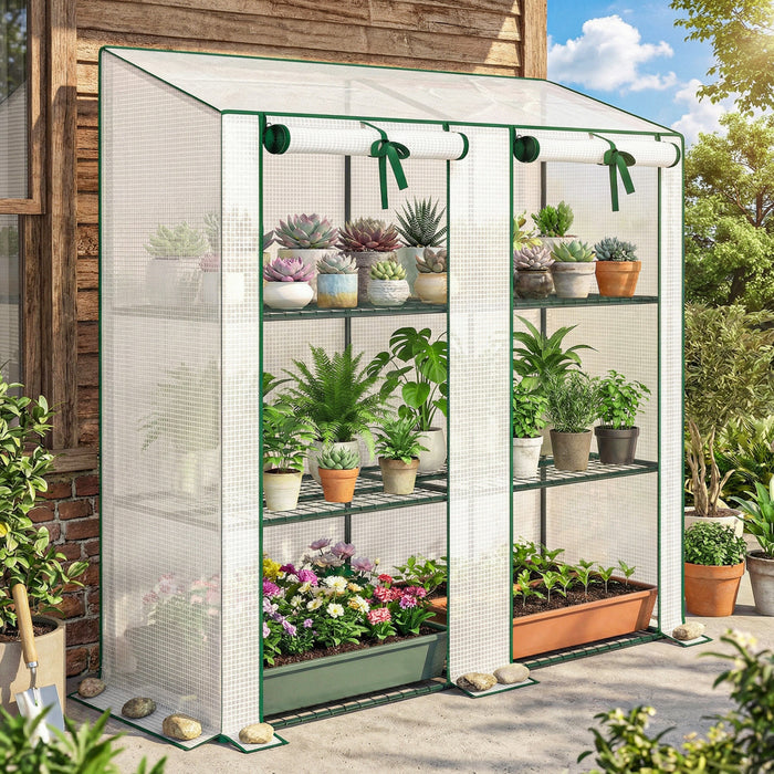 Outsunny Mini Greenhouse with 3 Tier 6 Shelves Portable Green House, White