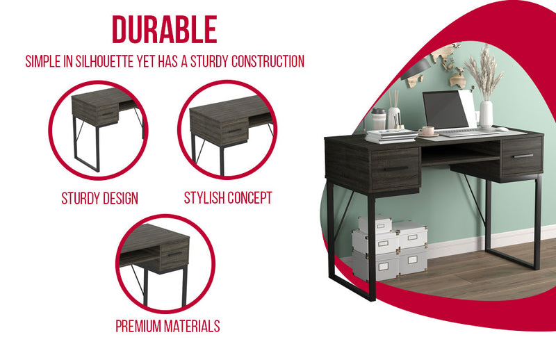 43” Computer Desk With 2 Drawers And 1 Shelf - Dark Grey With Black Metal Base