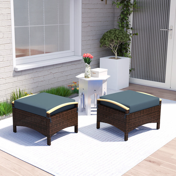 Outsunny 2 Pieces Wicker Outdoor Ottoman Footstool, Removable Cushion, Blue