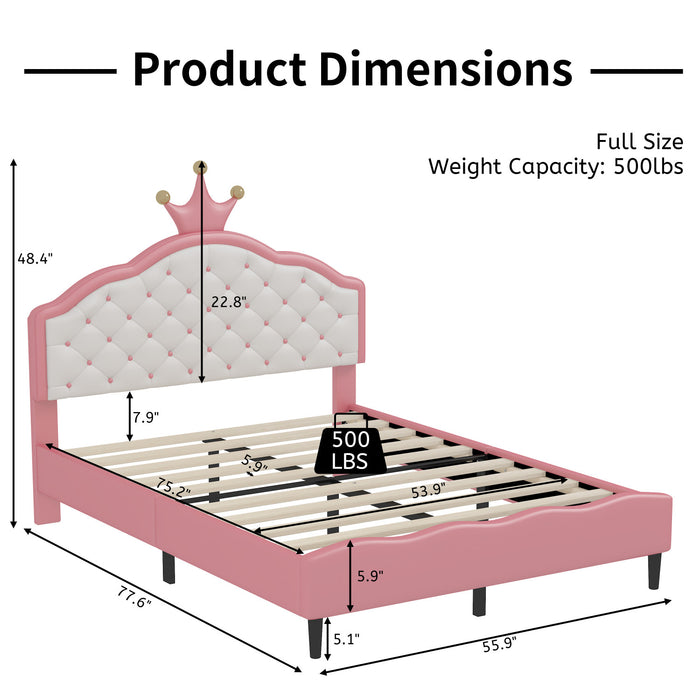 Lily Lovely Crown Fantasy Princess Bed with Tufted PU Leather Headboard,Full Size Full Bed