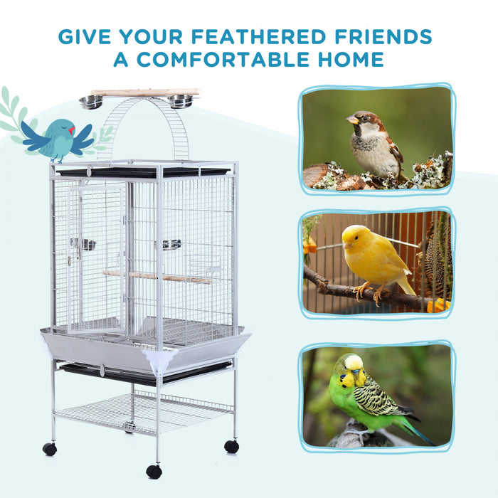 Pawhut 63.5\" Bird Cage For Cockatiels, Conure, African Greys, Porcupines, Indian Ringnecks, Parrot Cage With Wheels, Bird Feeder Stand, Play Top House, Silver