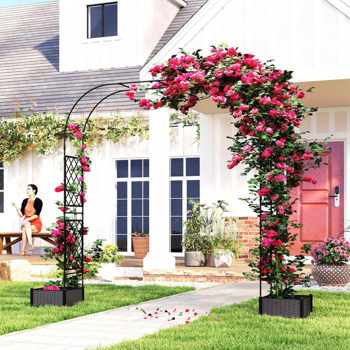 Outsunny Garden Arch with 2 Planter Boxes, Outdoor Trellis Arbor, Black