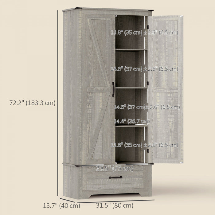 HOMCOM Farmhouse Pantry Cabinet, Kitchen Cabinet, Distressed Light Grey