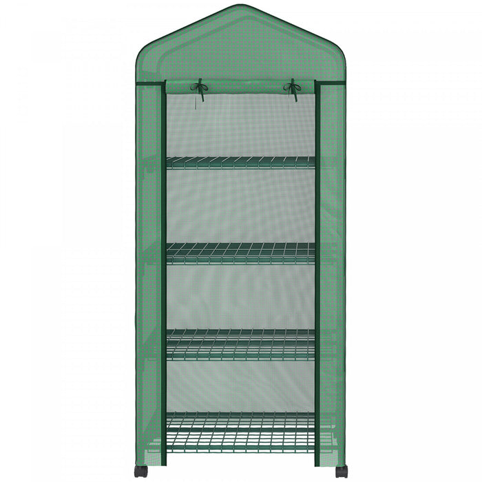 Outsunny 27\" X 20\" X 65\" Portable Greenhouse With 4 Tier Shelves And Wheels, Outdoor Hot House Plant Flower Greenhouse, Steel Frame, Pe Cover, Green