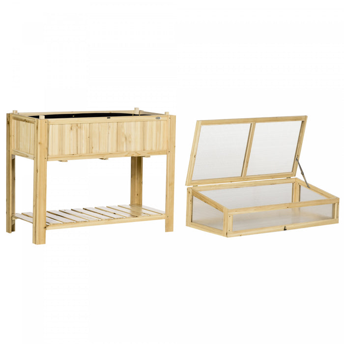 Outsunny Raised Garden Bed With Cold Frame Greenhouse And Storage Shelf, Outdoor Wooden & Pc Elevated Planter Box For Herbs And Vegetables, Use For Patio, Backyard, Natural